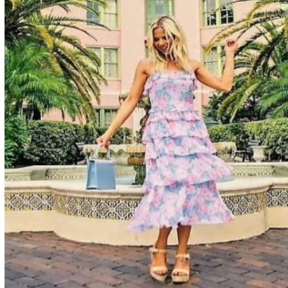 WAYF Chiffon Tiered Ruffle Dress Midi Tie Shoulder Blue Pink Size Large